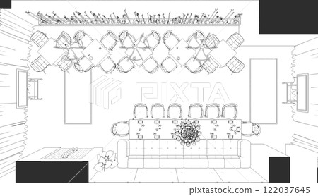 shop, grocery store, 3D illustration, sketch, outline 122037645