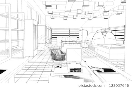 shop, grocery store, 3D illustration, sketch, outline 122037646