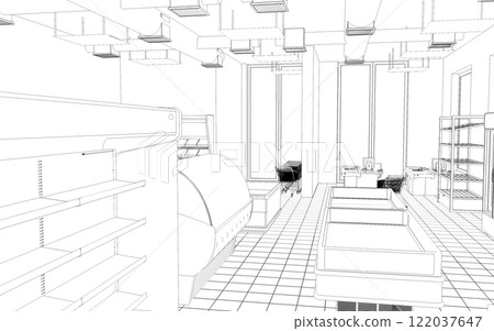 shop, grocery store, 3D illustration, sketch, outline 122037647