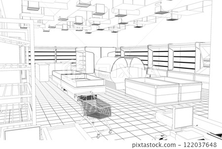 shop, grocery store, 3D illustration, sketch, outline shop, grocery store, 3D illustration, sketch, outline 122037648