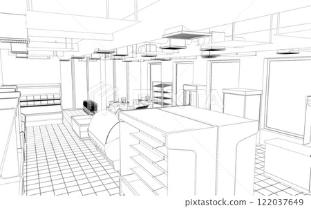 shop, grocery store, 3D illustration, sketch, outline 122037649