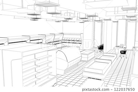 shop, grocery store, 3D illustration, sketch, outline shop, grocery store, 3D illustration, sketch, outline 122037650