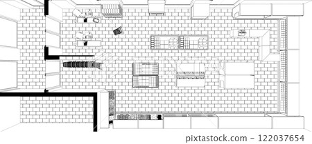 shop, grocery store, 3D illustration, sketch, outline 122037654