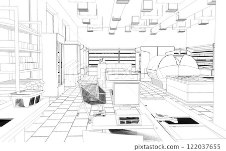 shop, grocery store, 3D illustration, sketch, outline shop, grocery store, 3D illustration, sketch, outline 122037655