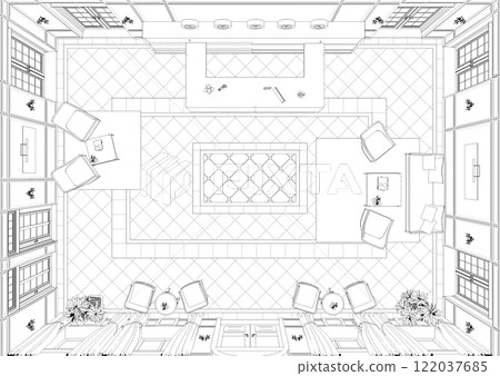 hall, hotel lobby, contour visualization, 3D illustration, sketch, outline 122037685