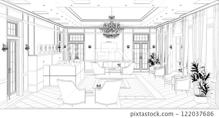 hall, hotel lobby, contour visualization, 3D illustration, sketch, outline 122037686