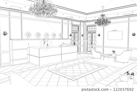 hall, hotel lobby, contour visualization, 3D illustration, sketch, outline hall, hotel lobby, contour visualization, 3D illustration, sketch, outline 122037692