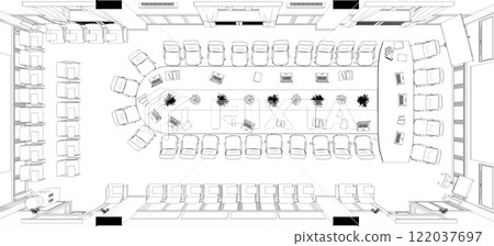 conference room, meeting room, contour visualization, 3D illustration, sketch, outline 122037697