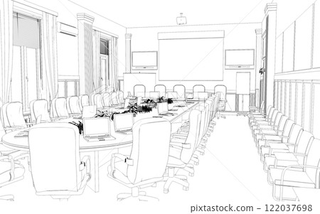conference room, meeting room, contour visualization, 3D illustration, sketch, outline conference room, meeting room, contour visualization, 3D illustration, sketch, outline 122037698
