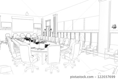 conference room, meeting room, contour visualization, 3D illustration, sketch, outline 122037699
