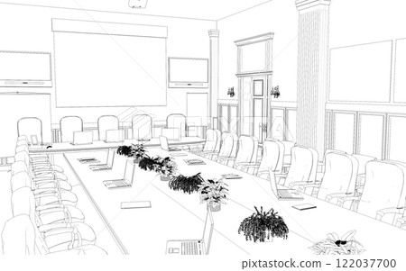 conference room, meeting room, contour visualization, 3D illustration, sketch, outline 122037700