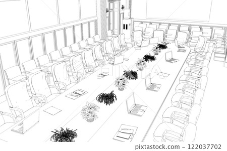 conference room, meeting room, contour visualization, 3D illustration, sketch, outline 122037702