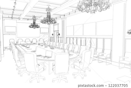 conference room, meeting room, contour visualization, 3D illustration, sketch, outline conference room, meeting room, contour visualization, 3D illustration, sketch, outline 122037705