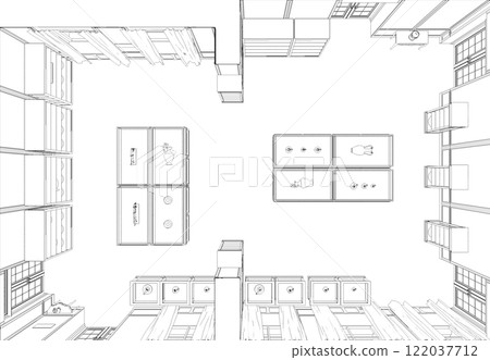 conference room, meeting room, contour visualization, 3D illustration, sketch, outline 122037712