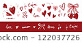 Modern, vector illustration. Hand-drawn red and pink hearts, love in multiple languages, bows, and cute elements. Decorative elements set for Valentine's Day cards, posters, romantic designs, patterns 122037726