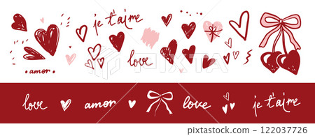 Modern, vector illustration. Hand-drawn red and pink hearts, love in multiple languages, bows, and cute elements. Decorative elements set for Valentine's Day cards, posters, romantic designs, patterns Modern, vector illustration. Hand-drawn red and pink hearts, love in multiple languages, bows, and cute elements. Decorative elements set for Valentine's Day cards, posters, romantic designs, patterns 122037726