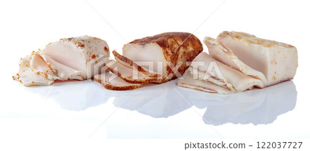 Salted lard with spices isolated on white. 122037727
