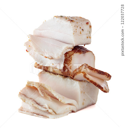 Salted lard with spices isolated on white. Salted lard with spices isolated on white. 122037728