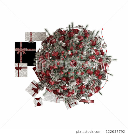 Christmas tree with decorations, isolated on white background, 3D illustration, cg render Christmas tree with decorations, isolated on white background, 3D illustration, cg render 122037792