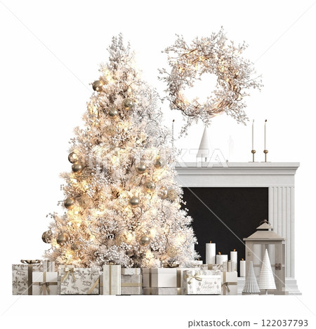Christmas tree with decorations, isolated on white background, 3D illustration, cg render Christmas tree with decorations, isolated on white background, 3D illustration, cg render 122037793