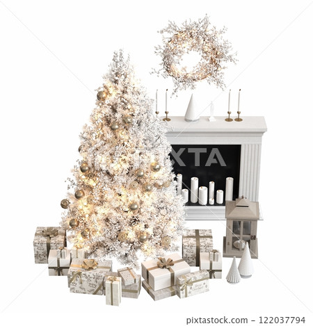 Christmas tree with decorations, isolated on white background, 3D illustration, cg render Christmas tree with decorations, isolated on white background, 3D illustration, cg render 122037794