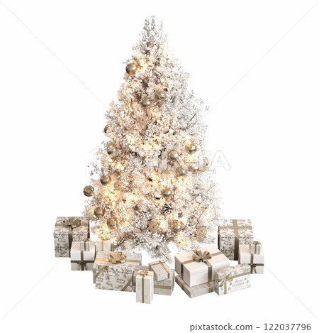 Christmas tree with decorations, isolated on white background, 3D illustration, cg render Christmas tree with decorations, isolated on white background, 3D illustration, cg render 122037796