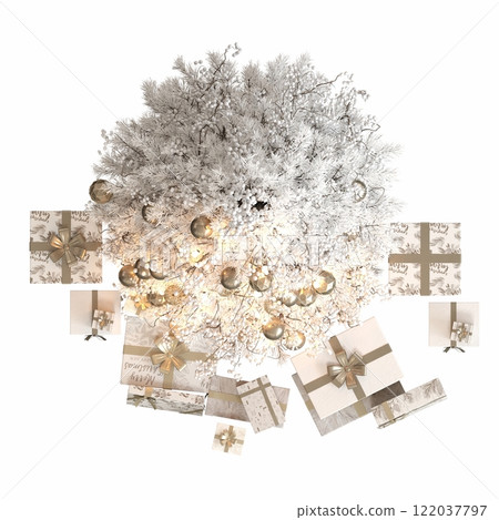 Christmas tree with decorations, isolated on white background, 3D illustration, cg render 122037797