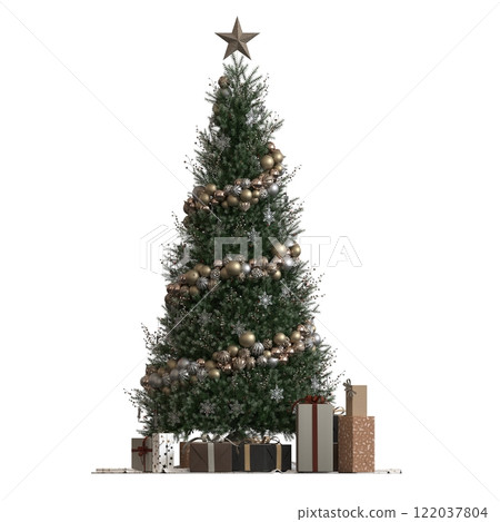 Christmas tree with decorations, isolated on white background, 3D illustration, cg render 122037804