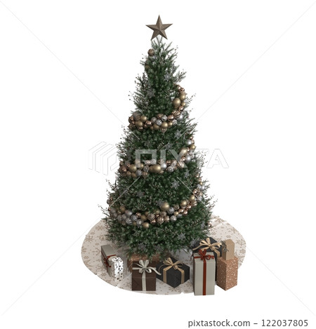 Christmas tree with decorations, isolated on white background, 3D illustration, cg render Christmas tree with decorations, isolated on white background, 3D illustration, cg render 122037805