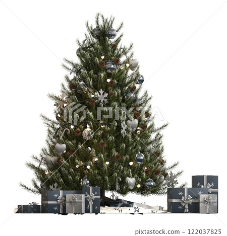 Christmas tree with decorations, isolated on white background, 3D illustration, cg render 122037825