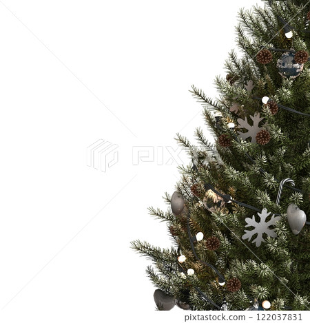Christmas tree with decorations, isolated on white background, 3D illustration, cg render 122037831