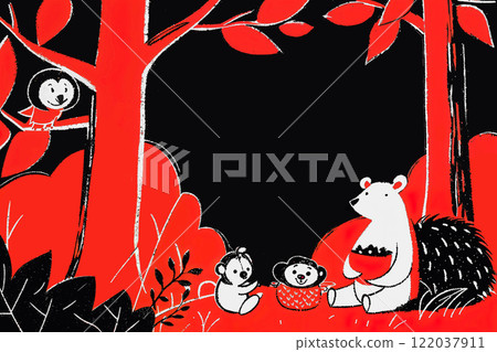 A group of adorable forest friends gathers together in a charming natural setting 122037911