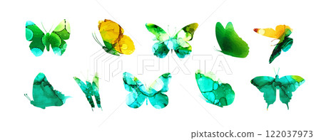 Set of butterfly watercolor silhouettes. hand drawing. Not AI. Vector illustration Set of butterfly watercolor silhouettes. hand drawing. Not AI. Vector illustration 122037973
