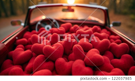 Romantic red cabriolet filled in park with many red heart-shaped soft toys for a festive celebration and Valentines day Romantic red cabriolet filled in park with many red heart-shaped soft toys for a festive celebration and Valentines day 122037985