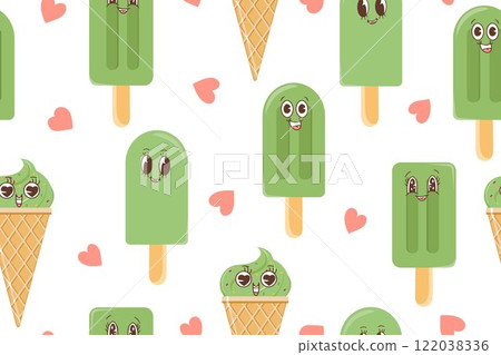 Seamless pattern with matcha ice cream in kawaii style. Vector graphics. Vector illustration 122038336