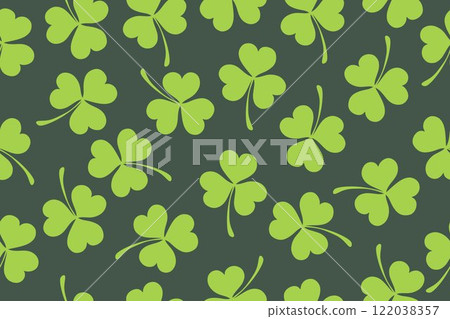 Seamless pattern of clover leaves for St. Patrick's Day. Clover leaves on green background. Suitable for wrapping paper, wallpaper, background, card and decoration. Vector 122038357