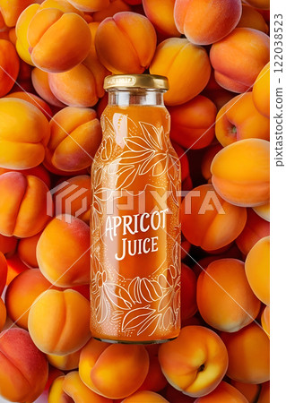 apricot juice in bottle around ripe abandoned apricots background. Digital artwork. Ai generated 122038523