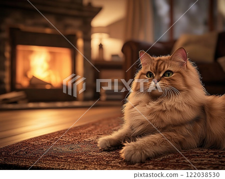 Cozy Persian Cat Relaxing on Plush Rug by Crackling Fireplace in Warm Dimly Lit Living Room with Wooden Furniture and Books Cozy Persian Cat Relaxing on Plush Rug by Crackling Fireplace in Warm Dimly Lit Living Room with Wooden Furniture and Books 122038530