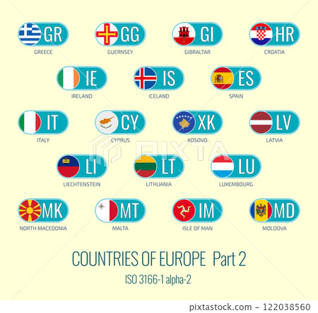 Set of vector illustrations of of ISO 3166 1 alpha 2 and flags of the European Union countries. Part 2. Set of vector illustrations of of ISO 3166 1 alpha 2 and flags of the European Union countries. Part 2. 122038560
