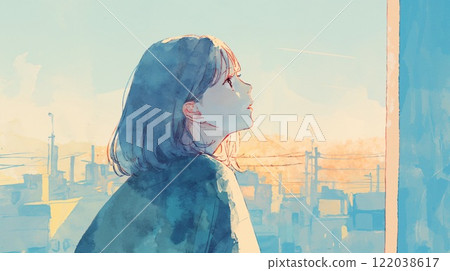 Profile of a woman looking at the city and the sky 122038617