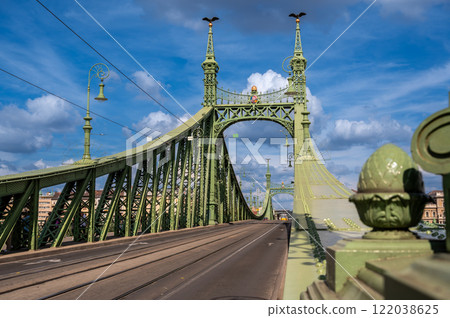 Budapest, Hungary, August 29, 2022. Beautiful wide angle lens shot of the Freedom Bridge on a beautiful summer day. Iconic image of the big green bridge with the white clouds in the background. 122038625