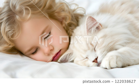 A little girl peacefully sleeps with a fluffy white cat on her bed A little girl peacefully sleeps with a fluffy white cat on her bed 122038627