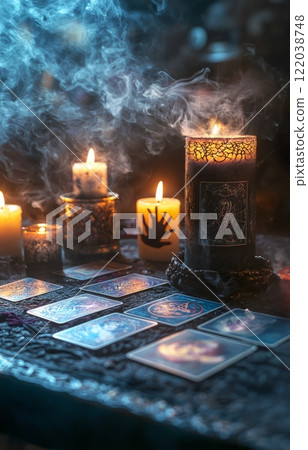 A black mystical table setup with tarot cards 122038748