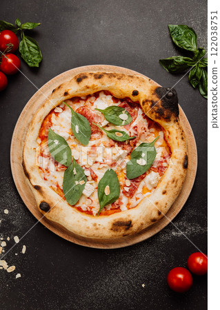 Delicious gourmet pizza with spinach, almonds, and fresh tomatoes on a wooden plate Delicious gourmet pizza with spinach, almonds, and fresh tomatoes on a wooden plate 122038751