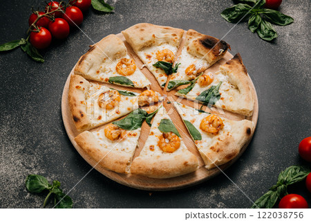 Close-up of gourmet seafood pizza slice with shrimp, melted cheese, and fresh spinach leaves Close-up of gourmet seafood pizza slice with shrimp, melted cheese, and fresh spinach leaves 122038756