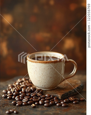 Rustic Coffee Cup Surrounded by Roasted Coffee Beans on Wooden Slate 122038769