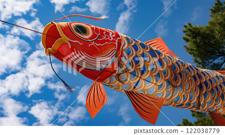 A colorful koi shaped kite soars against a blue sky with white clouds. Concept of Celebrate Golden Week in Japan or National Koi Day. Childrens Day in Japan. Kodomo no Hi 122038779