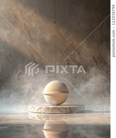 Luxurious White Bath Bomb on Marble Pedestal with Steam Effect Luxurious White Bath Bomb on Marble Pedestal with Steam Effect 122038794