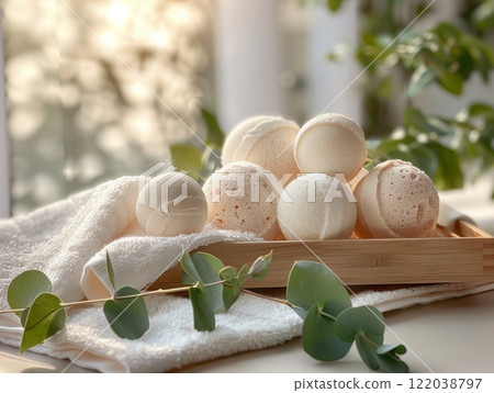 Natural Bath Bombs with Eucalyptus Leaves and Towels in Sunlight Natural Bath Bombs with Eucalyptus Leaves and Towels in Sunlight 122038797