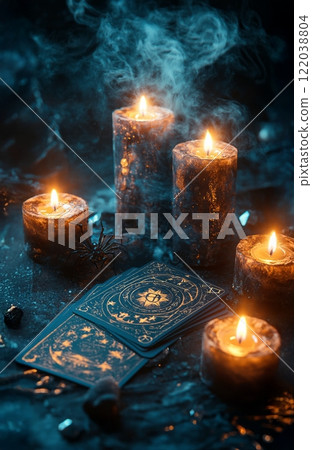 A black mystical table setup with tarot cards 122038804